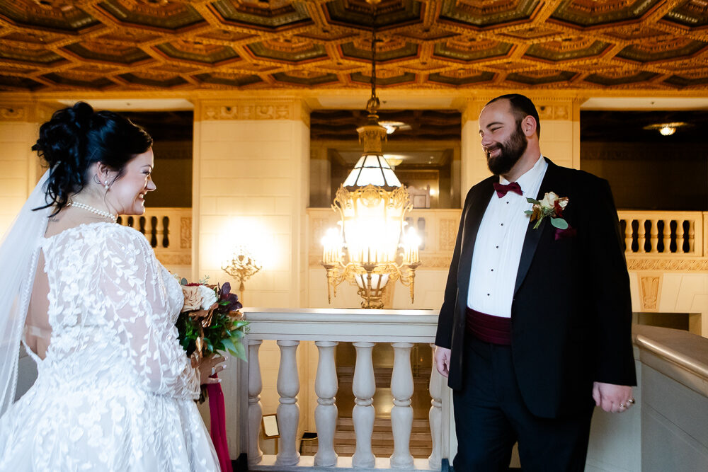 Bride and Groom First Look at the Mezzanine at the Omni William Penn Pittsburgh