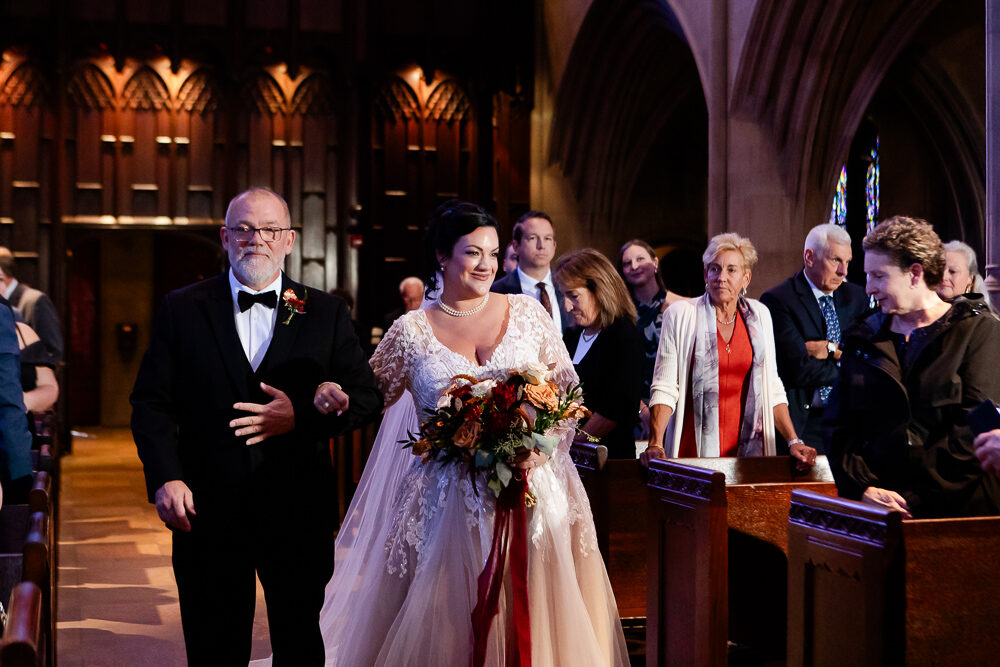 Father of the Bride walking with Bride into wedding ceremony at Heinz Memorial Chapel, Pittsburgh