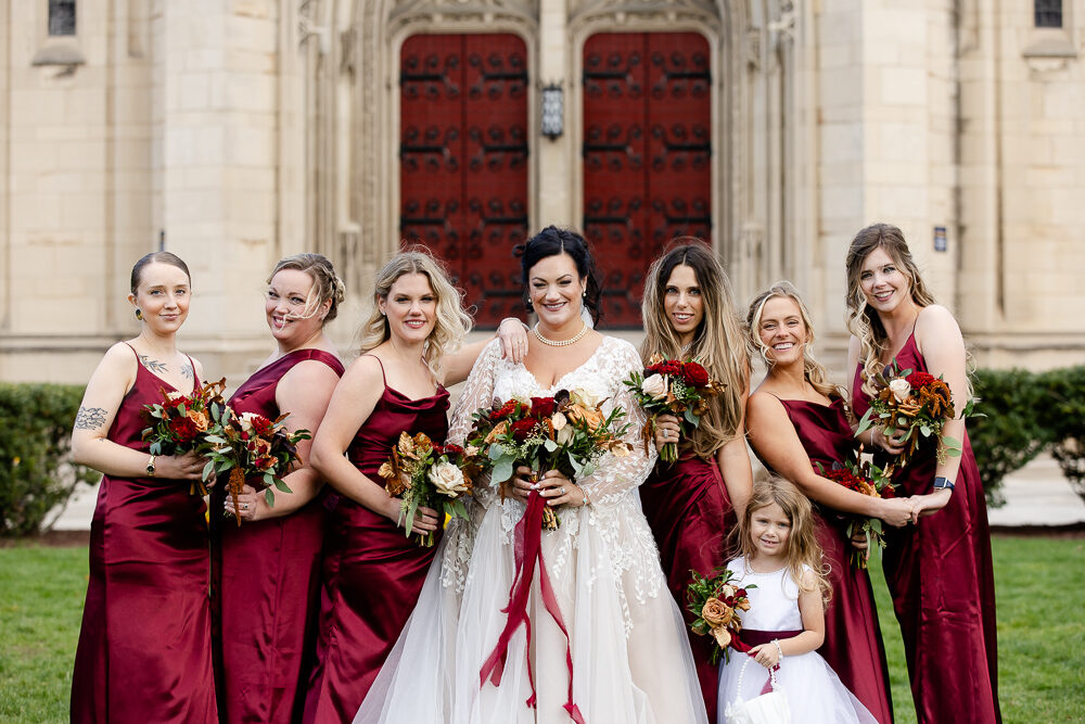 Bride and Bridesmaids outside of Heinz Chapel, Pittsburgh