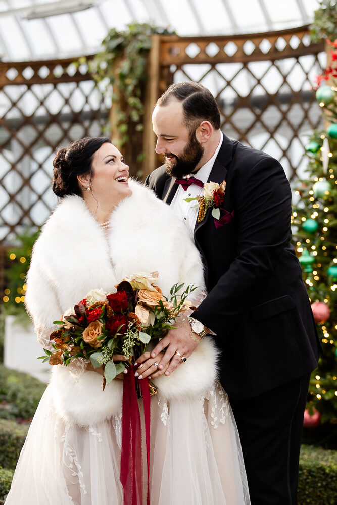 Bride and Groom in the Broderie Room at Phipps Conservatory in November