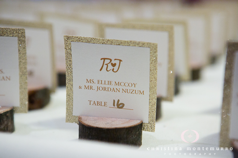 Sparkly Gold Escort Wedding Place Cards on Little Logs