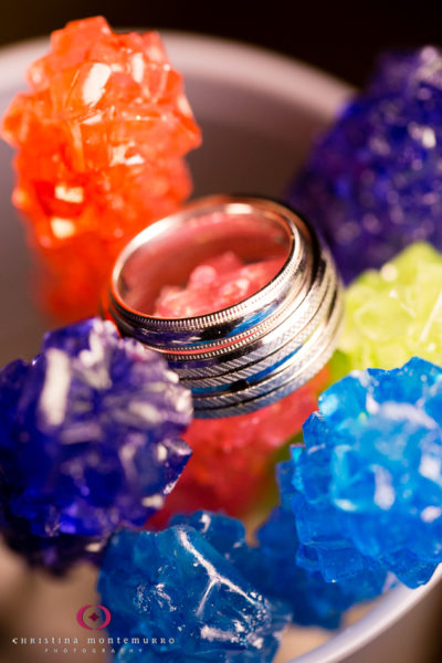 Wedding rings on rock candy Pittsburgh wedding photography