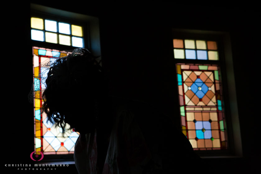 Bride Getting Ready Silhouette Stained Glass Pittsburgh Wedding Photography -5