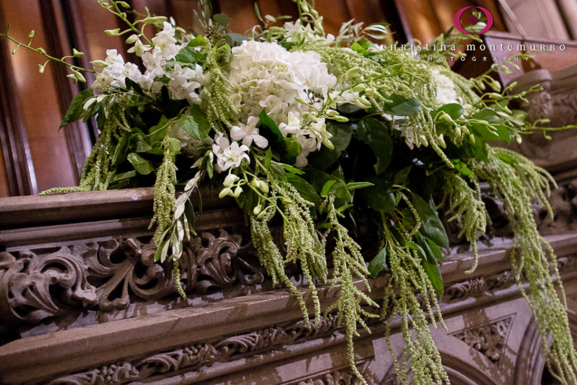  White Hydrangeas, Hanging Green Amaranthus, white freesia,First Presbyterian Church Pittsburgh Wedding Photography
