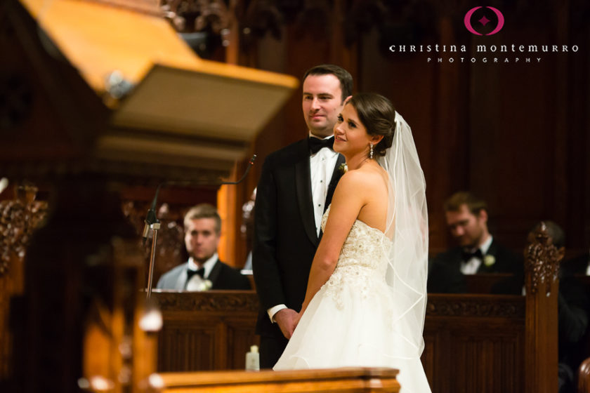 Bride and Groom Listening to Sermon at Heinz Chapel University of Pittsburgh Wedding