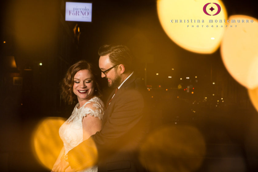 Bride and Groom at night outside Piccolo Forno