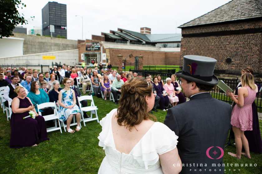 Bride and Groom looking out at their guests at their Point State Park Wedding Ceremony