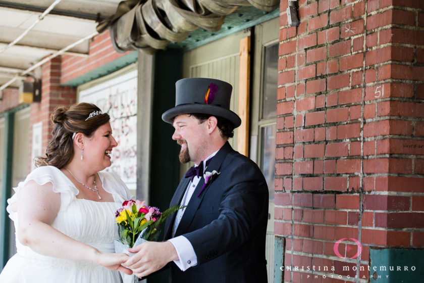Bride and Groom first look at the Terminal Building in Pittsburgh's Strip District