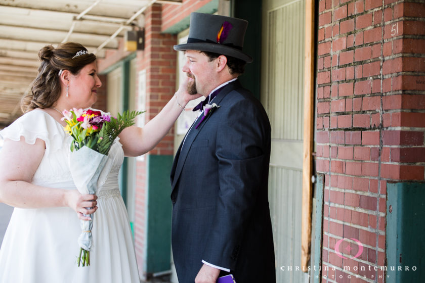 Bride and Groom first look at the Terminal Building in Pittsburgh's Strip District