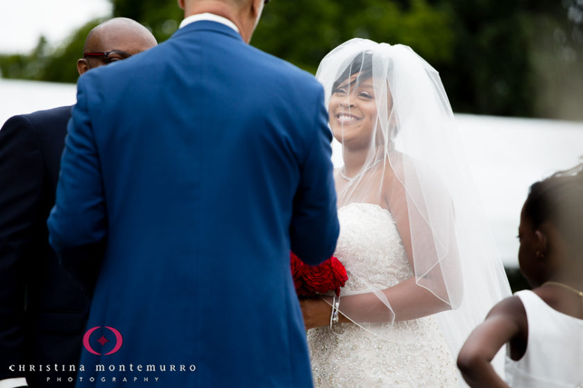 Happy bride at outdoor September wedding