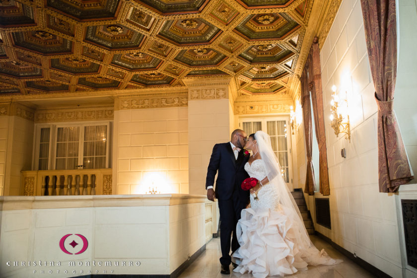 Elegant bride and groom portrait in the Mezzanine level of the Omni William Penn