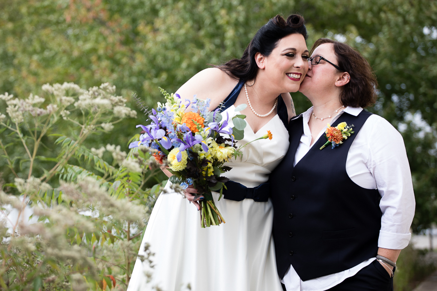 October Wedding, Happy Brides with Colorful Bouquet
