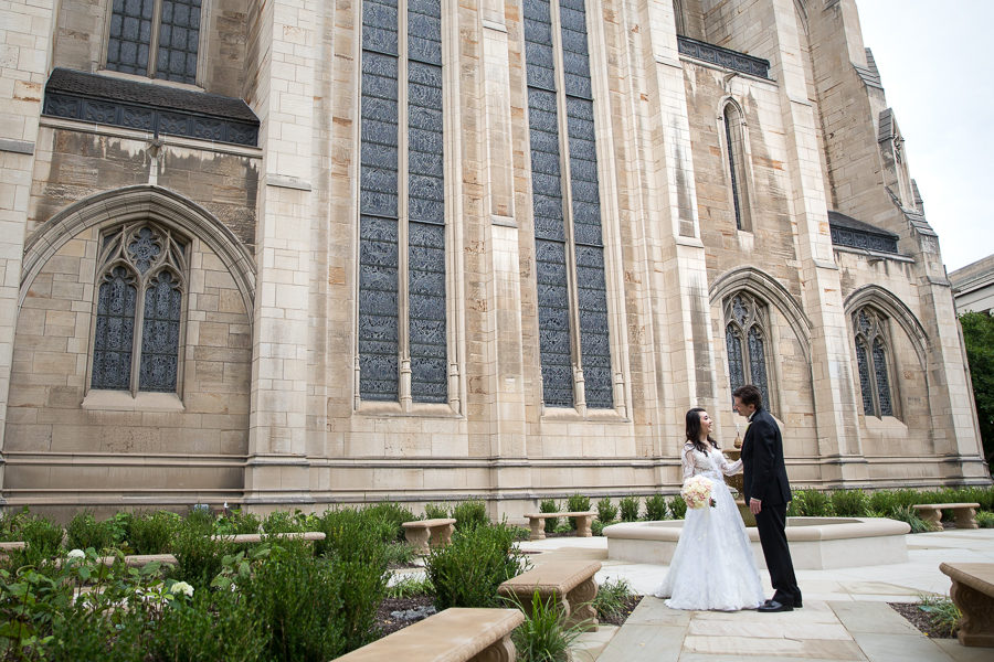 Bride and groom in the Heinz Memorial Chapel formal garden