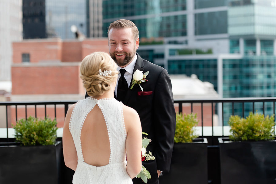 Bride and Groom on Balcony at Renaissance Pittsburgh Hotel