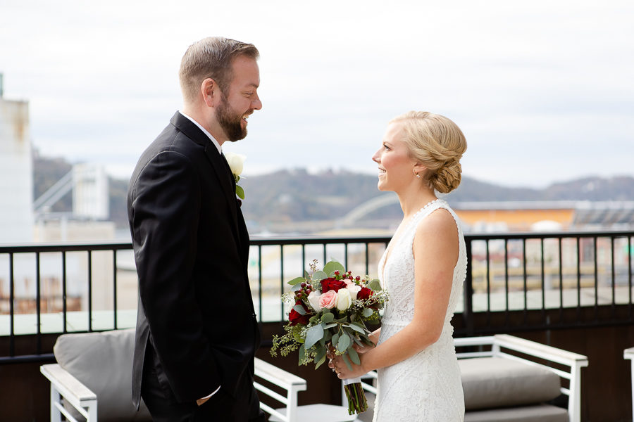 Bride and Groom on Balcony at Renaissance Pittsburgh Hotel