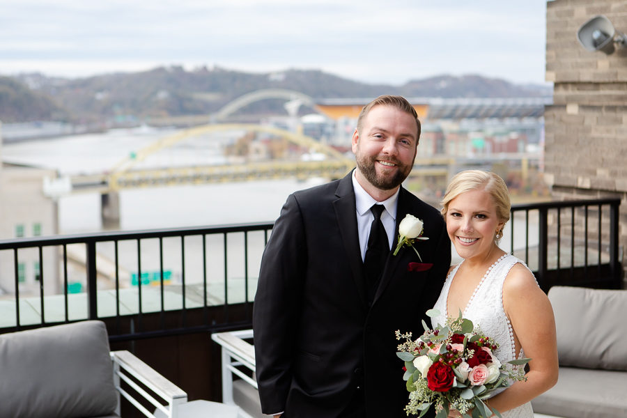 Bride and Groom on Balcony at Renaissance Pittsburgh Hotel