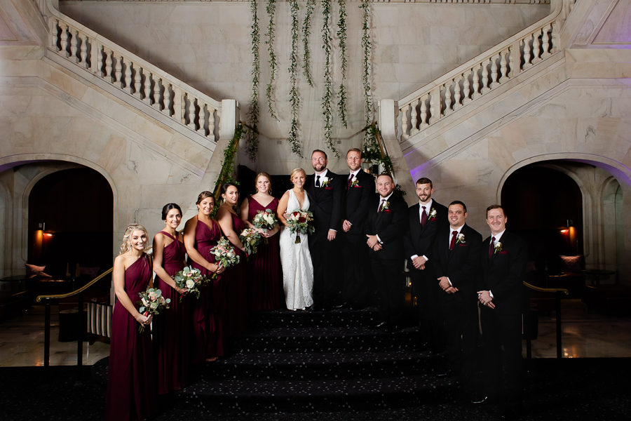 Bridal Party Portrait in Renaissance Pittsburgh Hotel Lobby Grand Staircase